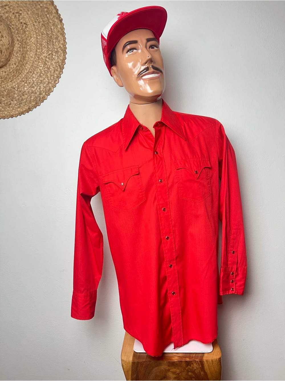 70’s TEMTEX 70s Vintage Men's Red Western Shirt - Long Sleeve Snap Button M 44